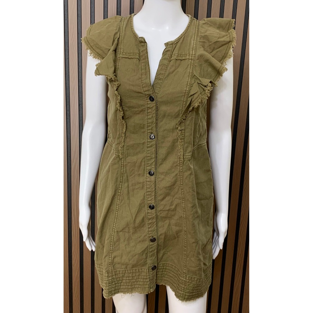 Pilcro and the Letterpress Olive Green Ruffle Button Front Mini Dress XS Cotton